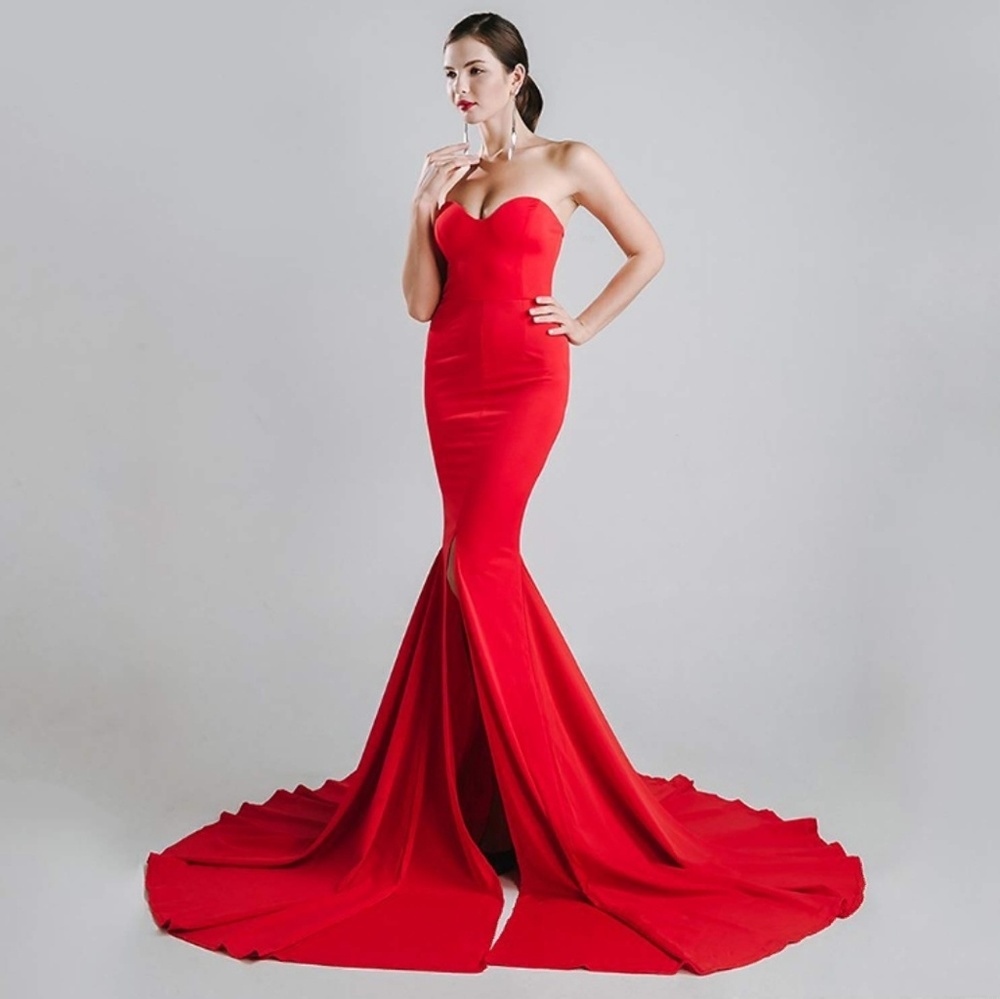 Red Strapless Evening Dress